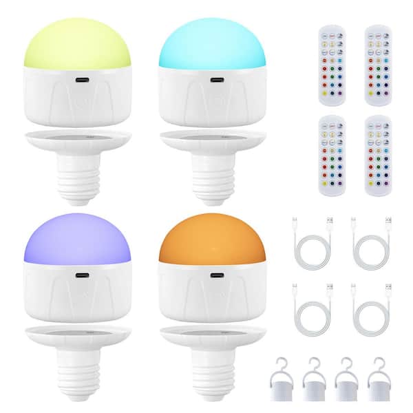 45-Watt Equivalent 3500K/4500K/6500K E26 T60 Rechargeable RGB Dimmable LED Light Bulb with Remote Control (4-Pack)
