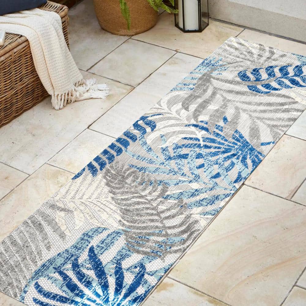 Gray and Blue Tropical Palm Leaves Synthetic Runner Rug
