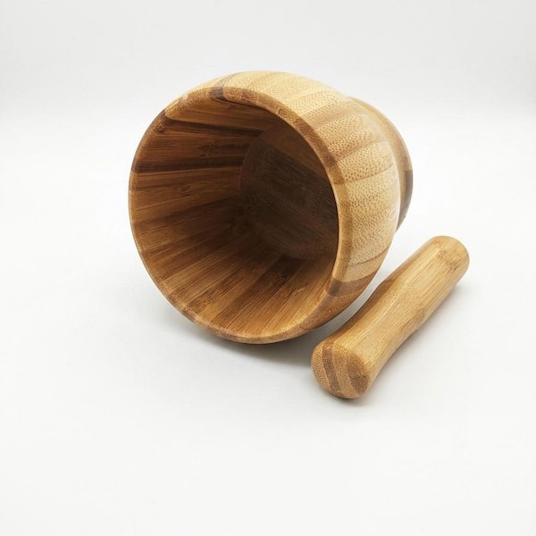 Natural Bamboo Finish Mortar and Pestle Set with Lid and Spoon for Garlic, Ginger, Spices, Herbs, Coffee Beans