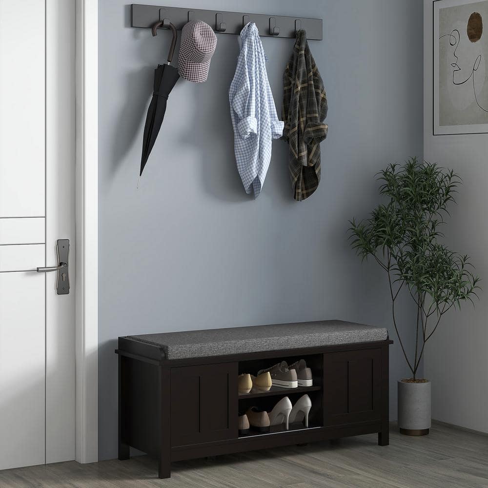 Black Wood Entryway Shoe Storage Bench with Padded Seat