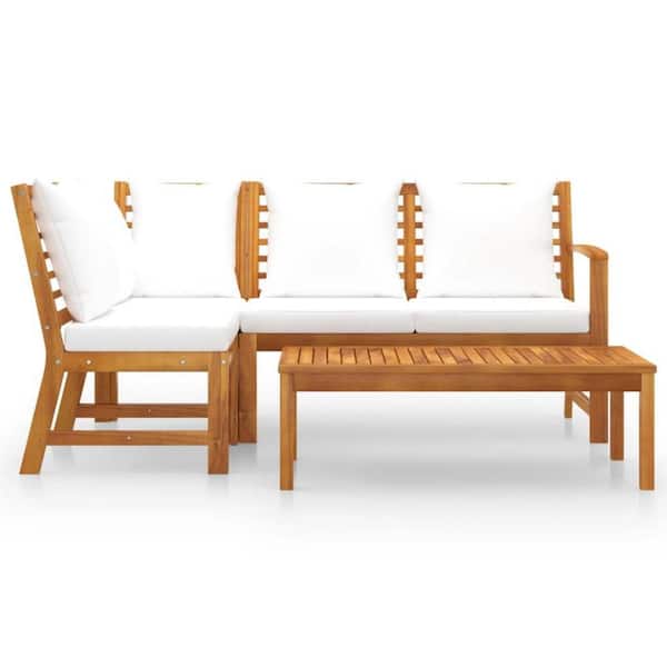 4-Piece Brown and White Wood Outdoor Sectional Sofa with White Cushions and Table