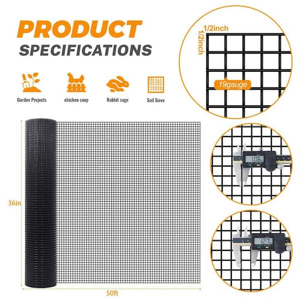 36 in. x 50 ft. 19-Gauge Black Vinyl Mesh for Garden Fencing and Pet Enclosures, Welded Metal