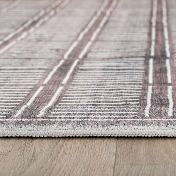 Bohemian Stripe Lines Washable Non Slip Brown 2 ft. x 8 ft. Runner Rug