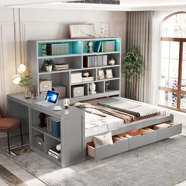 All-in-One Gray Full Size Wood Daybed with Desk, Cabinets, Shelves, LED Lighting, 3-Drawers