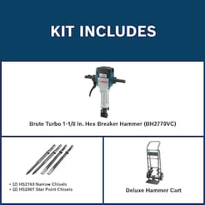 Brute Turbo 15 Amp 1-1/8 in. Corded Concrete/Masonry Variable Speed Electric Hex Breaker Hammer Kit w/ Cart & 4 Chisels