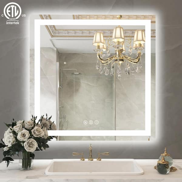 Klajowp 36 in. W x 36 in. H Large Rectangular Frameless Anti-Fog LED Light Wall Mounted Bathroom Vanity Mirror in White