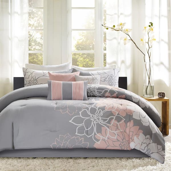 Madison Park Brianna 7-Piece Grey/Peach Cotton Queen Comforter Set