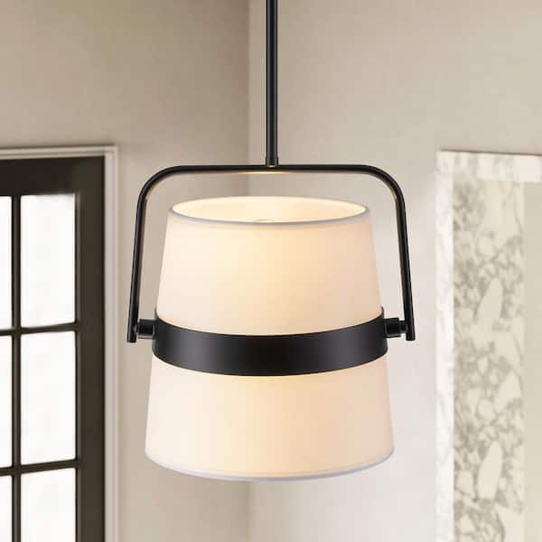 Emest 2-Light Modern Traditional Black and White Drum Fabric Pendant Light