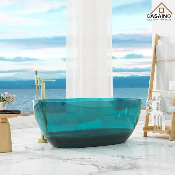 CASAINC 59 in. x 30 in. Freestanding Soaking Resin Bathtub with Center Drain in Transparent Green