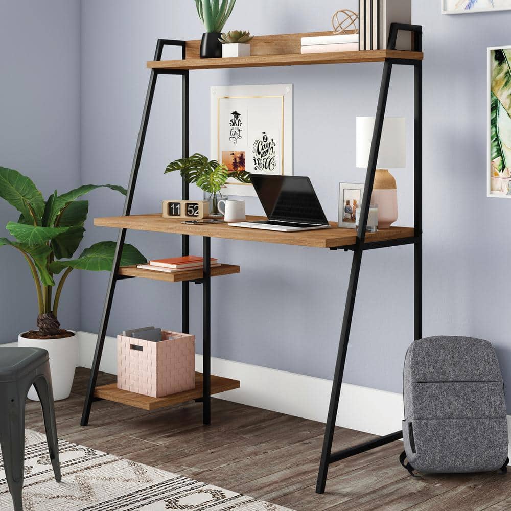Sindoori Mango Wood Desk with Black Metal Hutch