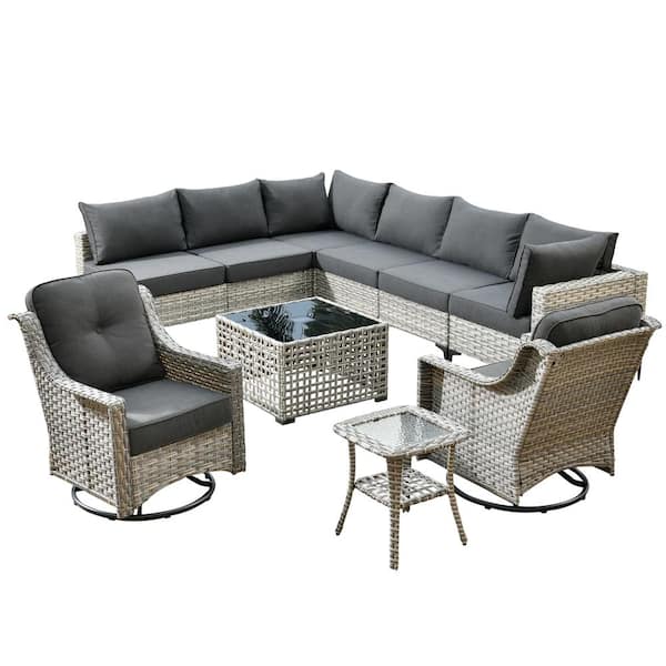 Howell 10-Piece Wicker Outdoor Patio Conversation Sofa Furniture Set with Swivel Rocking Chairs and Black Cushions