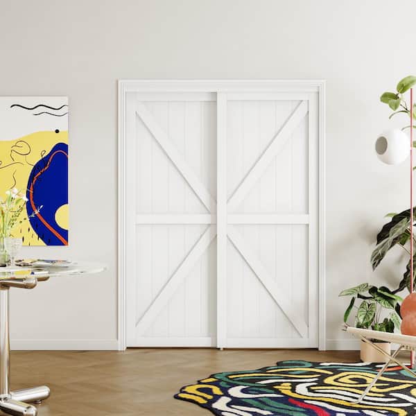 72 in. x 80 in. MDF Solid Core, PVC Covering, White Double K Shape Sliding Door with All Hardware