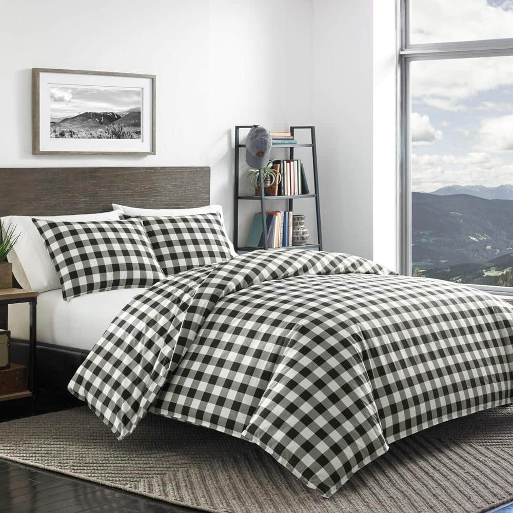 Twin Black and White Cotton Plaid Duvet Cover Set
