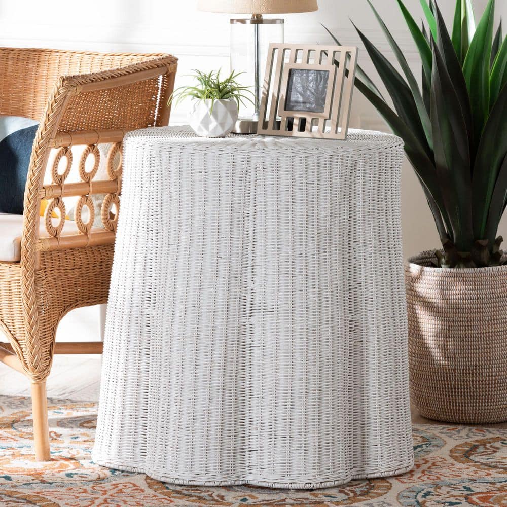 Palm 28" White Round Rattan and Metal End Table