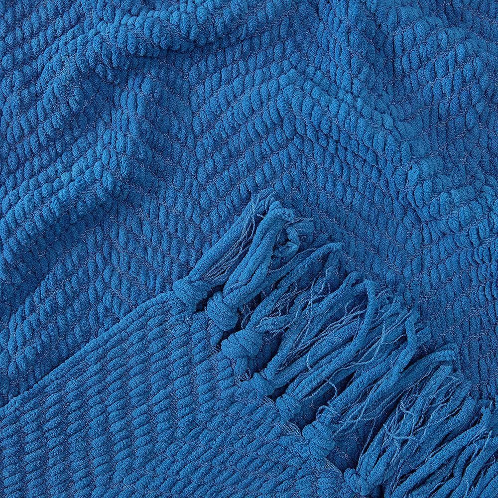 Cerulean Blue Knitted Acrylic Throw Blanket with Tassels - 50" x 65"