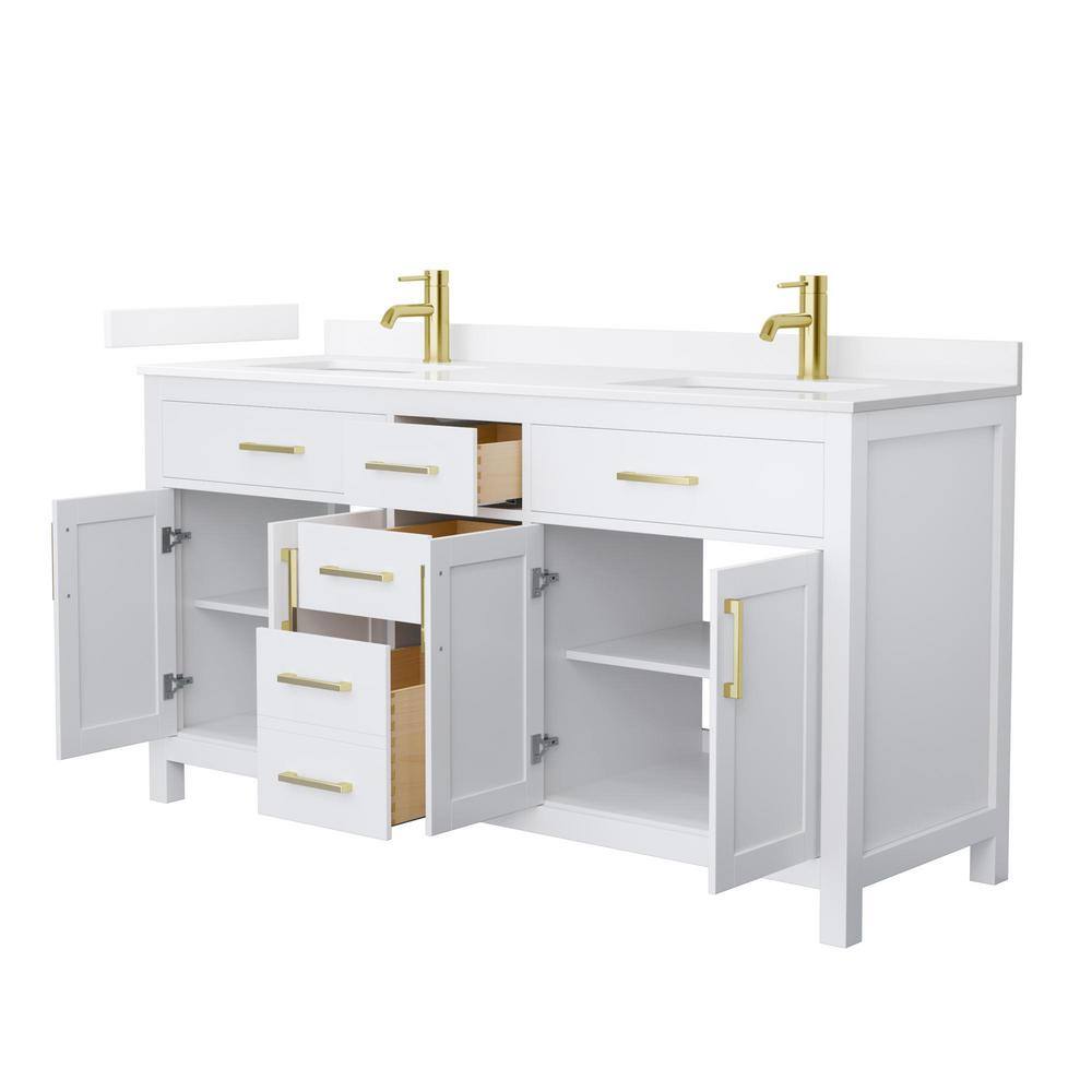 White Double Freestanding Bathroom Vanity with Gold Hardware and Quartz Top