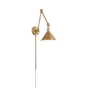 Delancey 1-Light Burnished Brass Plug-In Swing Arm Wall Lamp with Metal Shade and 72 in. Cord for Bedroom or Living