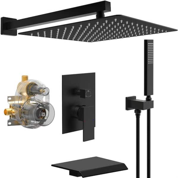 waterpar 1-Spray Square 10 in. Shower System Fixed Shower Head and Tub Faucet with Hand Shower in Matte Black (Valve Included)