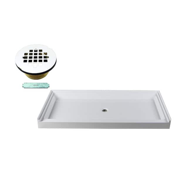 Westbrass 72 in. L x 36 in. W Single Threshold Alcove Shower Pan Base with Center Brass Drain in White