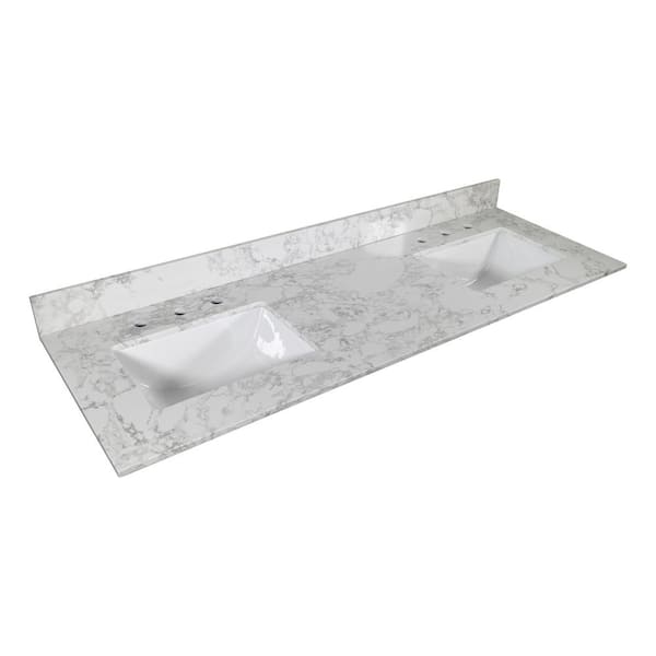 Dimakai 61 in. W x 22 in. D Marble Bathroom Vanity Top in Carrara White with Double Sink and 3-Faucet Hole with Backsplash
