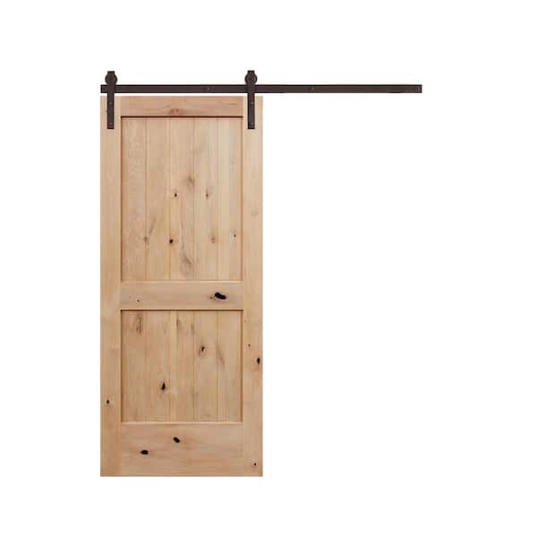 Pacific Entries 30 in. x 80 in. 2-Panel V-groove Unfinished Knotty Alder Wood Interior Sliding Barn Door with Bronze Hardware Kit