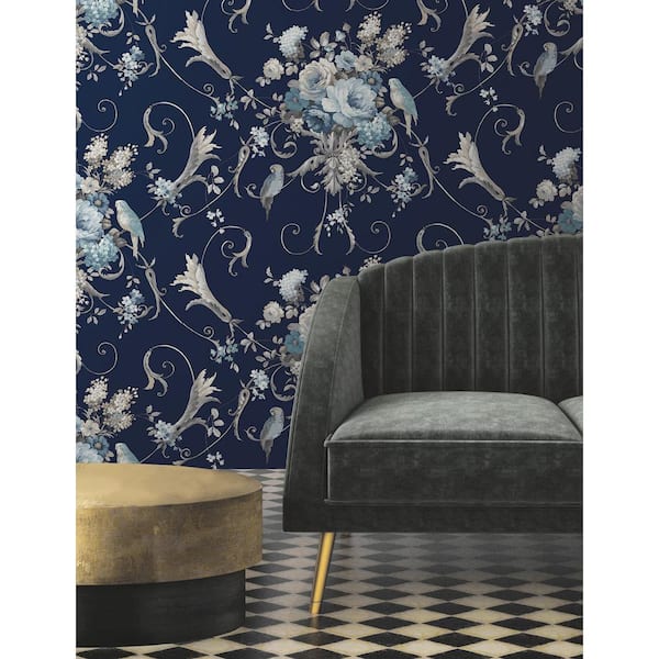 Parrots with Floral Bouquets Navy Peel and Stick Wallpaper Roll