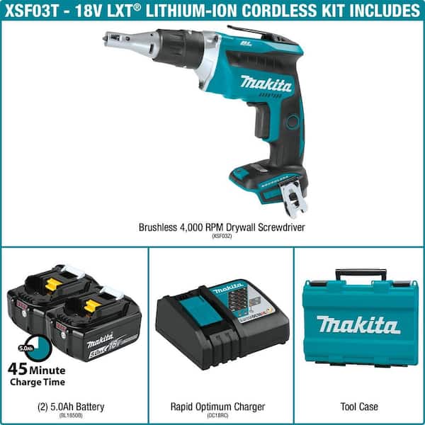 Makita 18V 5.0Ah LXT Lithium-Ion Brushless Cordless Drywall Screwdriver Kit  XSF03T The Home Depot