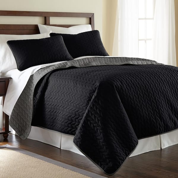 MODERN THREADS 3-Piece solid reversible coverlet set leaf black/gray queen