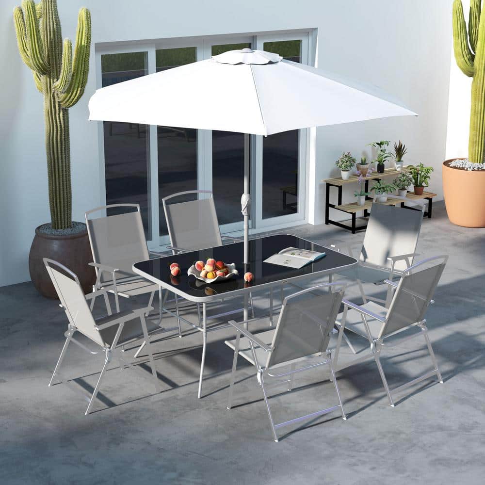 Gray 8-Piece Patio Dining Set with Umbrella and Folding Chairs