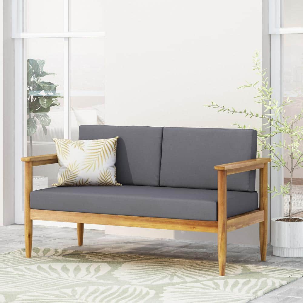 Teak Wood Outdoor Loveseat with Dark Gray Cushions