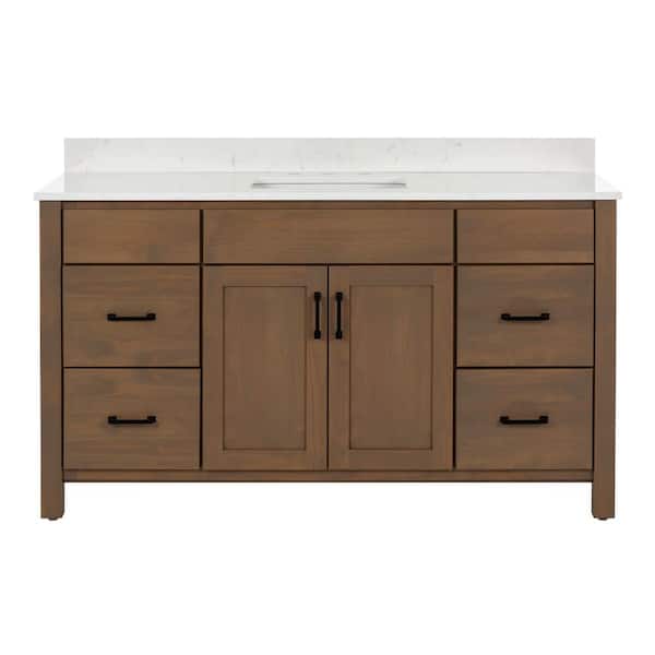 Kingham 61 in. Single Sink Driftwood Brown Freestanding Bath Vanity with Golden Carrara Quartz Top Assembled