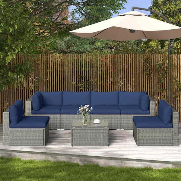 SUNVIVI Outdoor Gray Frame 7-Piece Wicker Outdoor Sectional Set with Dark Blue Cushion
