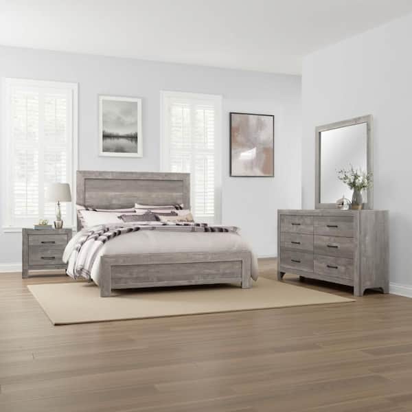 Eb 4-Piece Gray and Black Engineered Wood Queen Size Bedroom Set with Farmhouse Style