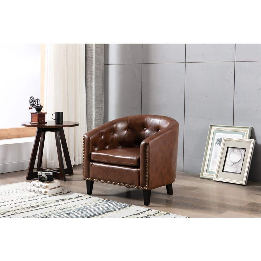 URTR Modern Dark Brown Nailhead Trim PU Leather Tufted Barrel Chair ...