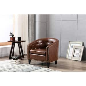 Modern Dark Brown Nailhead Trim PU Leather Tufted Barrel Chair Accent Chair for Living Room Bedroom Club Chairs