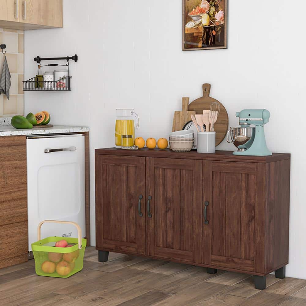 Brown Wood 3-Door Buffet Sideboard with Adjustable Shelves