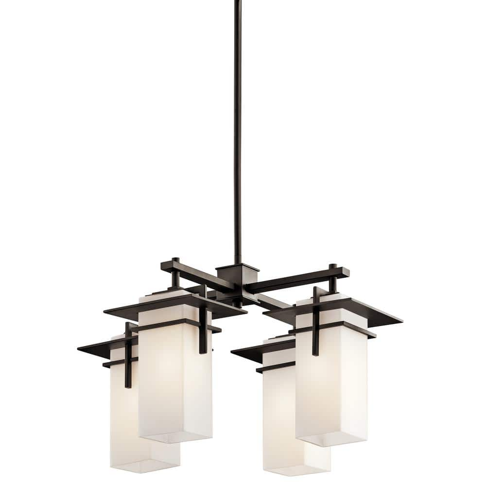 KICHLER Caterham 4-Light Olde Bronze Outdoor Porch Hanging Chandelier with Satin Etched Glass Shades (1-Pack)