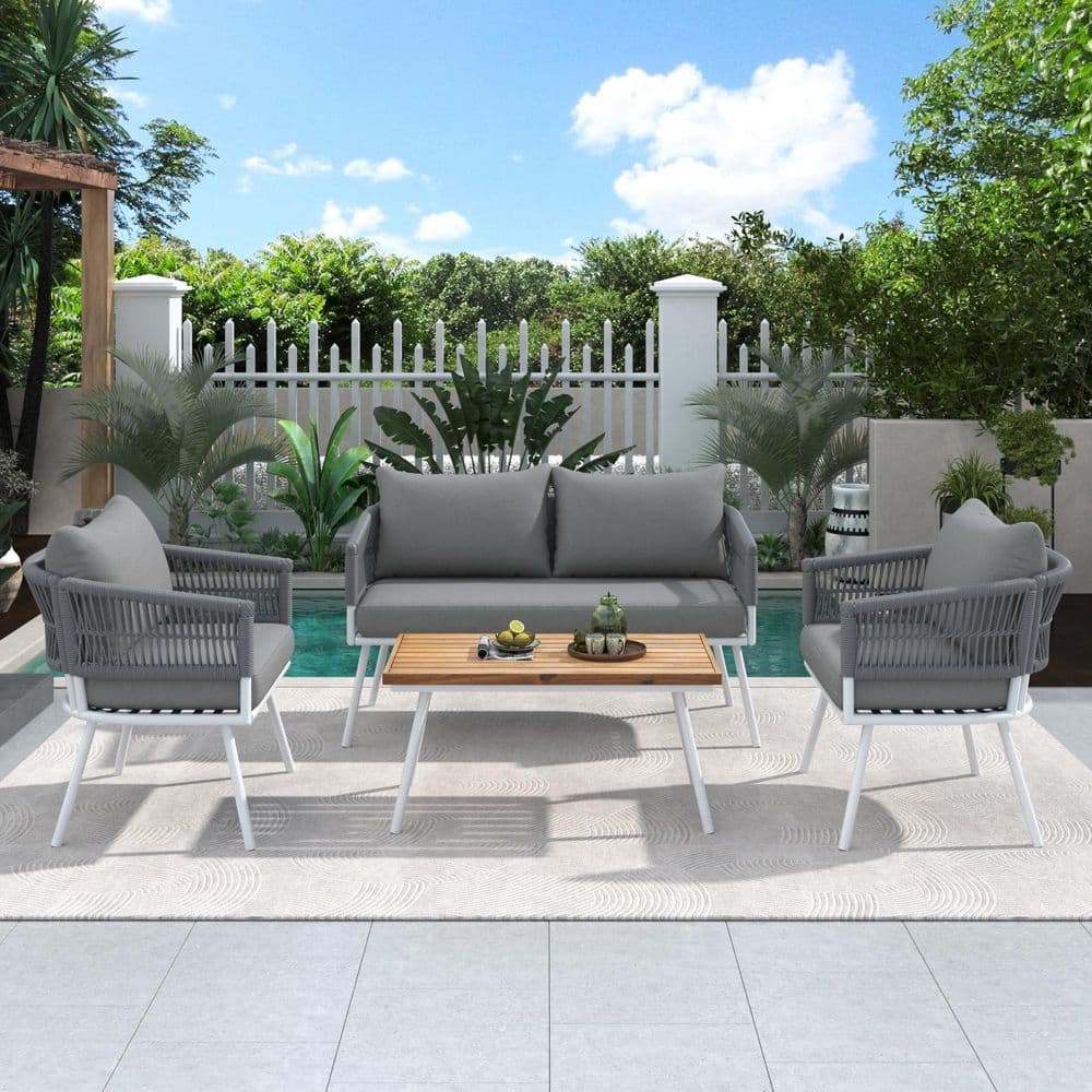 4-Piece Boho Rope Patio Furniture Set-Acacia Wood Table, Wicker Frame, Outd