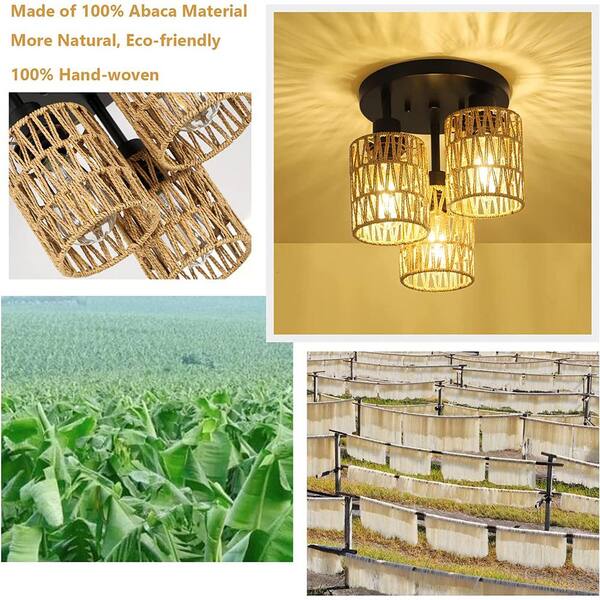 Jushua 3-Light Indoor Brown Chandelier Rattan Cylindrical