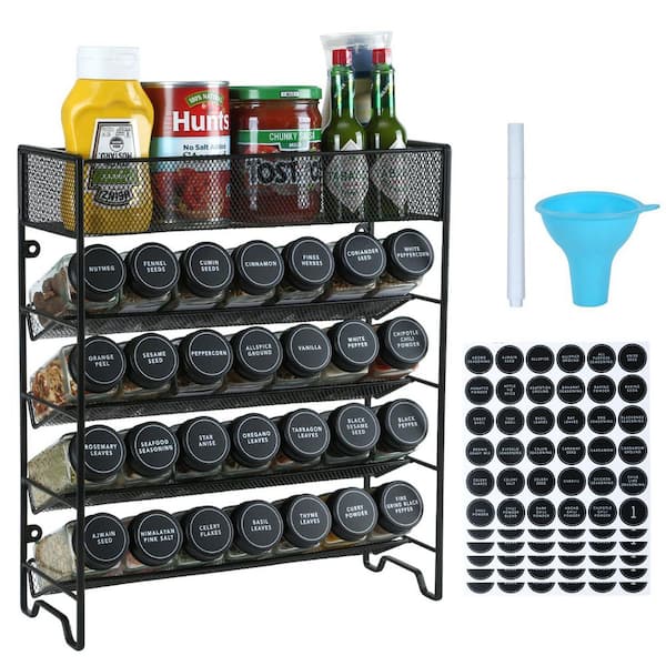 5 Tier Black Wall Mount Cabinet Spice Rack Organizer with 28 Glass Jars Labels Chalk Marker Funnel Set
