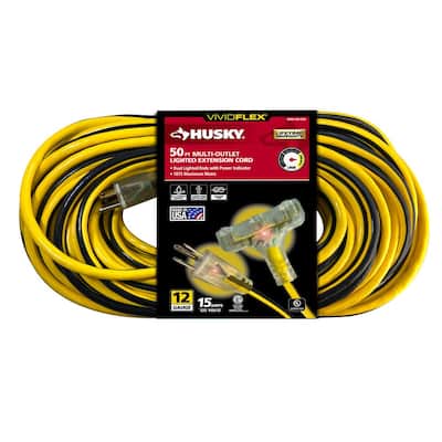Husky Vividflex 50 ft. 12/3 Heavy Duty Indoor/Outdoor Triple Tap Extension Cord with Lighted Ends, Yellow 26050HY