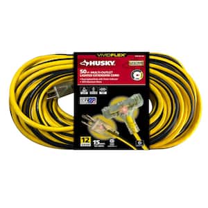 Vividflex 50 ft. 12/3 Heavy Duty Indoor/Outdoor Triple Tap Extension Cord with Lighted Ends, Yellow