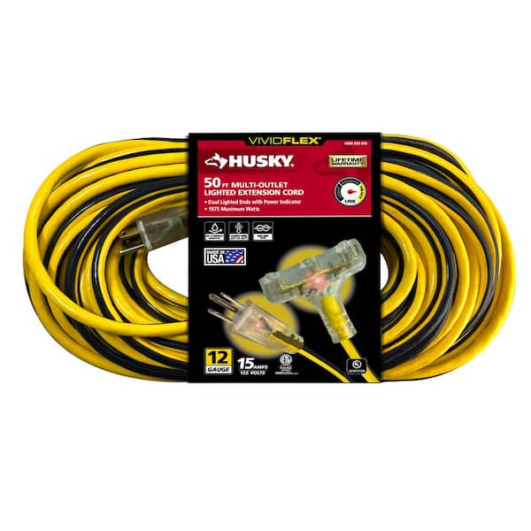 Husky Vividflex 50 ft. 12/3 Heavy Duty Indoor/Outdoor Triple Tap Extension Cord with Lighted Ends, Yellow