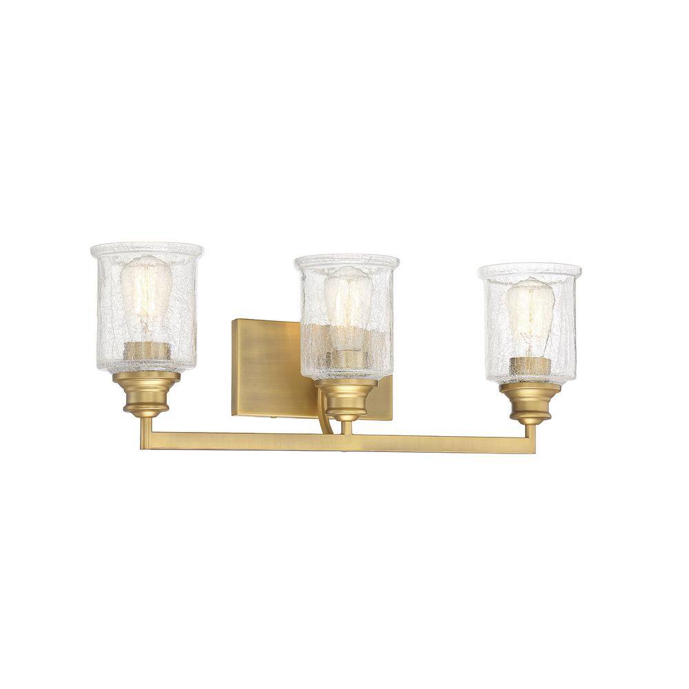 Hampton Warm Brass 3-Light Vanity with Crackle Glass Shades
