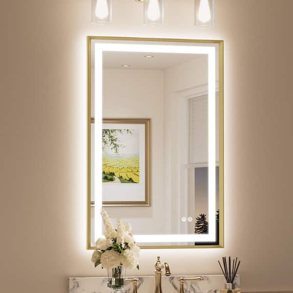 24 in. W x 36 in. H Rectangular Framed LED Lighted Bathroom Vanity Mirror with Light in Gold with Backlit and Anti-Fog