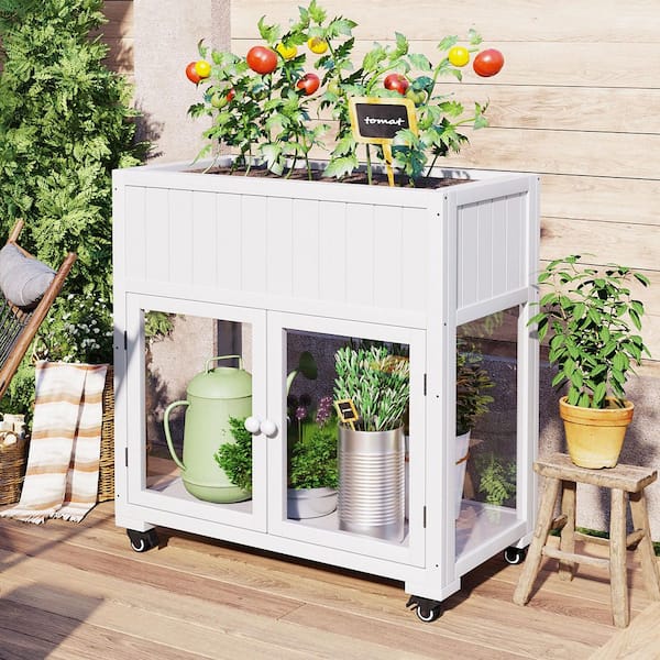 Runesay Casual 35.4 in. x 17.7 in. x 37.4 in. Patio White Fir Wood Raised Garden Beds Potting Bench Table with Liner and 2-Door