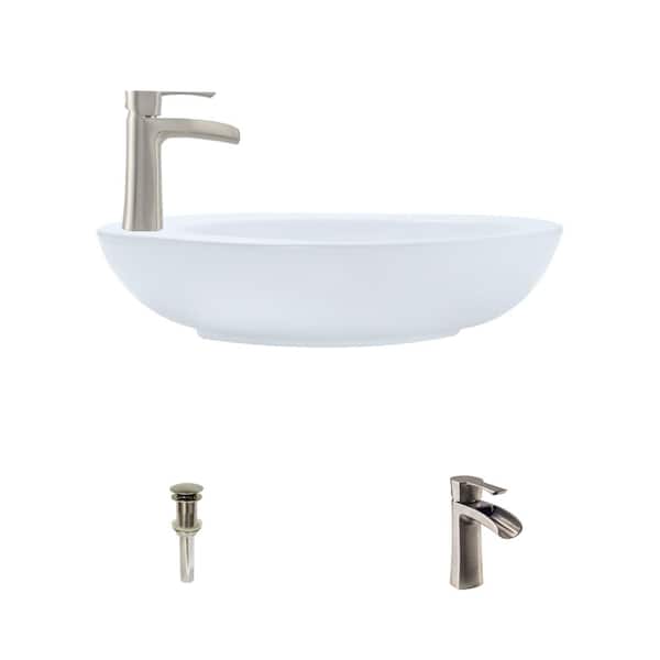 MR Direct Porcelain Vessel Sink in White with 732 Faucet and Pop-Up Drain in Brushed Nickel