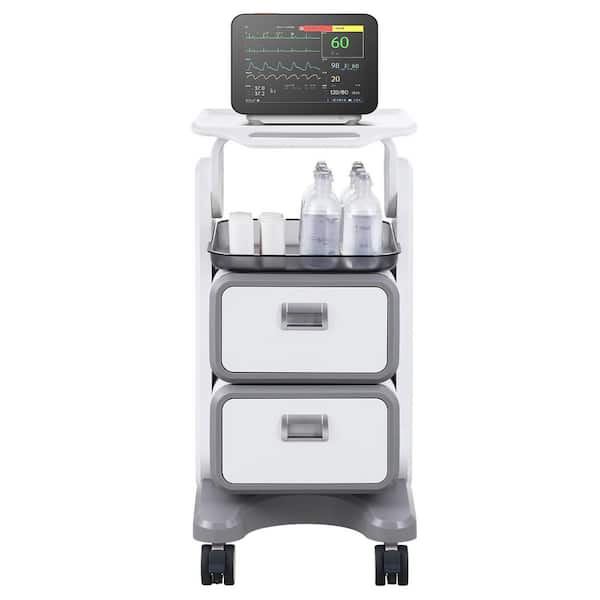 SKYSHALO Lab Carts Mobile Medical Cart with 2-Drawers and 1-Top Tray White Kitchen Cart Trolley Storage Cart with 4-Silent Wheels