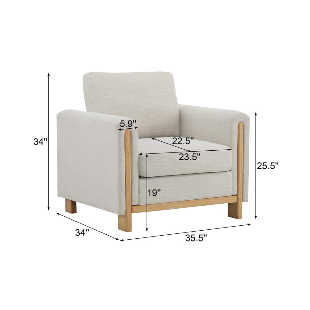 Beige Upholstered Barrel Accent Chair with Natural Wood Frame