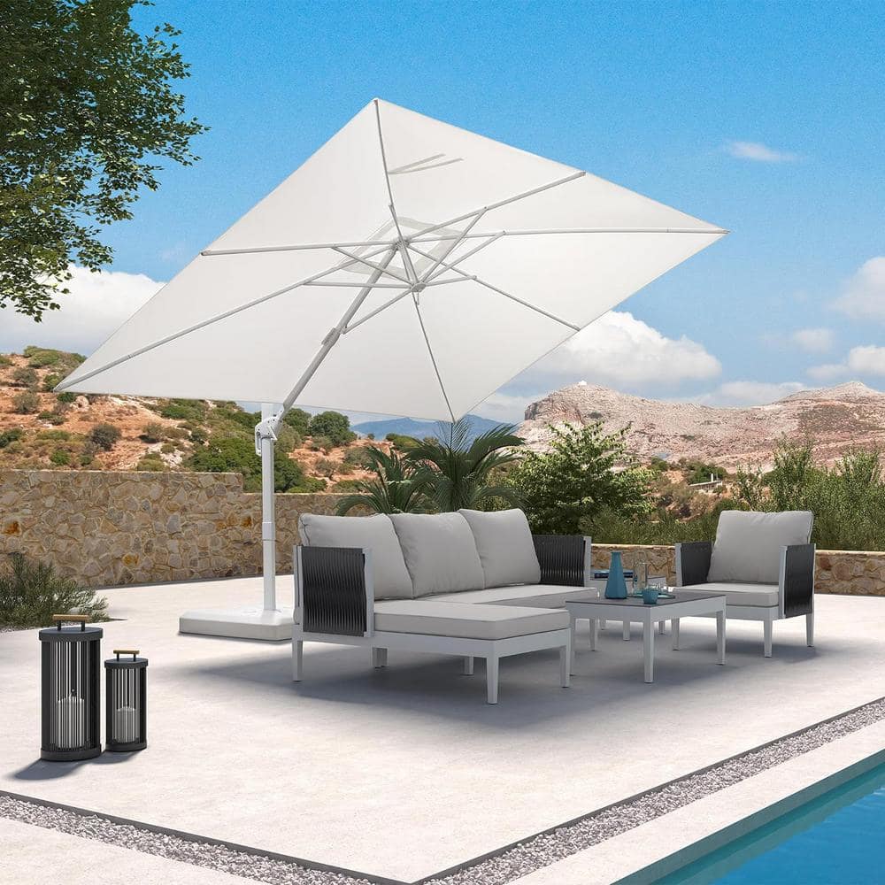 leaf shaped patio umbrella PURPLE Cantilever 10' x 10' with Solar LED Light, Beige 41400831 Steel Plate Base Water Leaf Shade Umbrella Waterproof